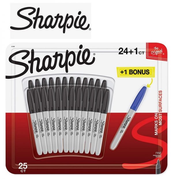 Sharpie Permanent Marker, Fine Point, 24 Black + 1 Blue Bonus Marker