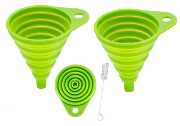 2x Collapsible Silicone Funnels with Cleaning Brush